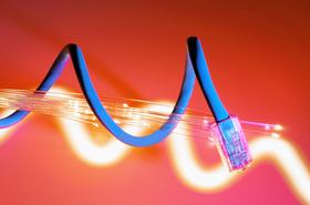 A network cable and optical fibers against a red background