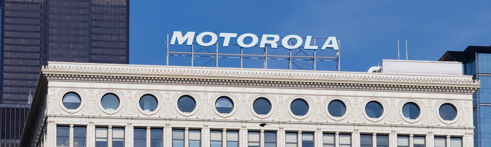 Motorola Solutions logo atop the Railway Exchange Building