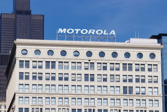 Motorola Solutions logo atop the Railway Exchange Building
