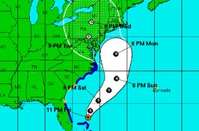Five-day forecast of Hurricane SandyÔÇÖs path by US National Weather Service