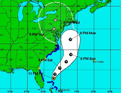 Five-day forecast of Hurricane SandyÔÇÖs path by US National Weather Service