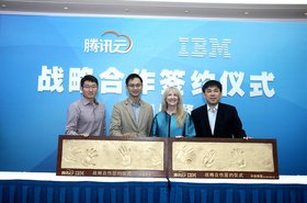 Palm prints (L-R): Qiu Yuepeng, corporate VP of Tencent, Taosang Tong, president of Social Network Group and executive SVP of Tencent Group, Nancy Thomas, managing partner at IBM GCG GBS and David Cheng, GM of IBM South China Region