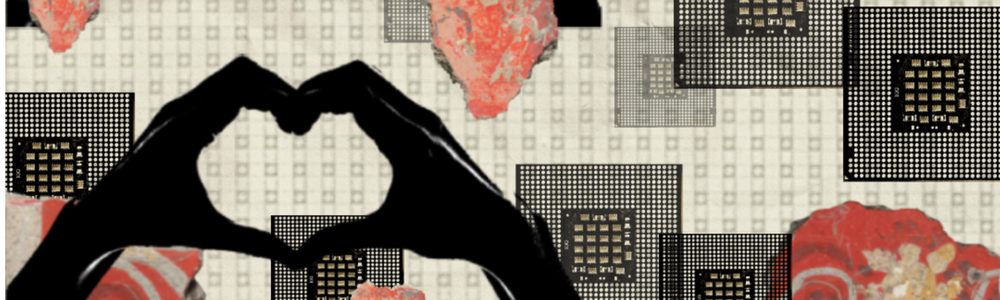 A repeated motif shows two hands coming together, where the fingers are shaped to suggest a heart. These are set amongst a series of images of small AI chips and red painted rocks which pick up on the motif of the heart.