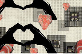 A repeated motif shows two hands coming together, where the fingers are shaped to suggest a heart. These are set amongst a series of images of small AI chips and red painted rocks which pick up on the motif of the heart.