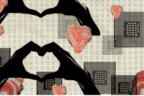 A repeated motif shows two hands coming together, where the fingers are shaped to suggest a heart. These are set amongst a series of images of small AI chips and red painted rocks which pick up on the motif of the heart.