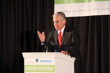 Gov. Nixon speaking last year at the grand opening of a new data center campus in SubTropolis, an underground business complex in northeast Kansas City