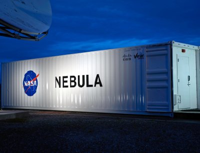 Data center container housing a part of NASAÔÇÖs OpenStack-based Nebula private cloud.