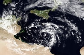 Storm in the Mediterranean captured by a satellite. Image courtesy of NOAA.