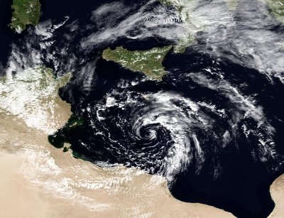 Storm in the Mediterranean captured by a satellite. Image courtesy of NOAA.