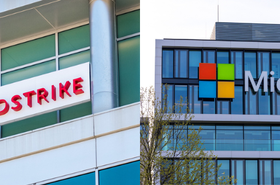 Crowdstrike and Microsoft logos affixed to respective company offices