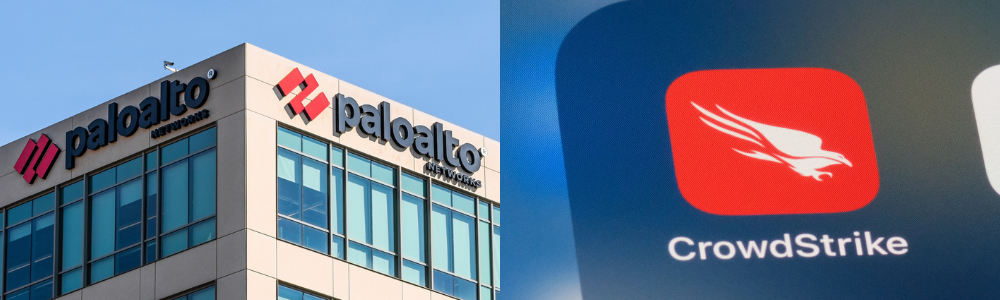 Palo Alto Networks logo imposed alongside CrowdStrike's logo