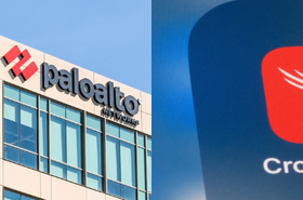 Palo Alto Networks logo imposed alongside CrowdStrike's logo