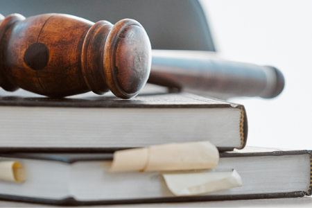 A judge's gavel resting on legal texts