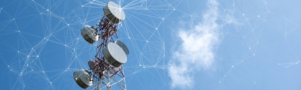Telecommunication tower with mesh dots, glittering particles