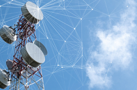 Telecommunication tower with mesh dots, glittering particles