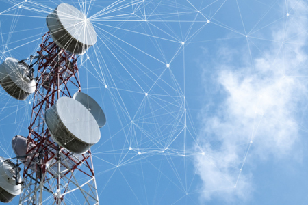 Telecommunication tower with mesh dots, glittering particles