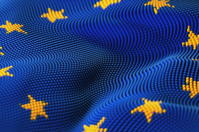 European Union Flag textured on futuristic abstract digital landscape