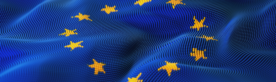 European Union Flag textured on futuristic abstract digital landscape