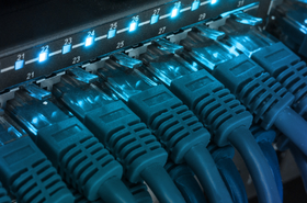 Network server panel, switch and patch cord cable in data center