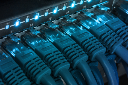 Network server panel, switch and patch cord cable in data center