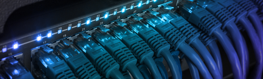 Network server panel, switch and patch cord cable in data center