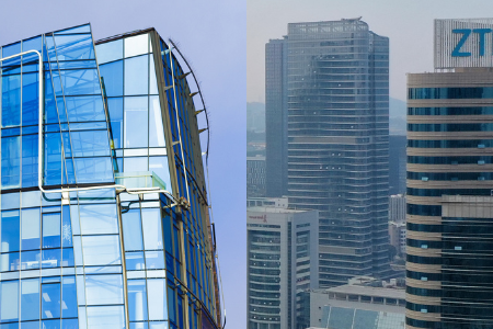Huawei ZTE logos on a building