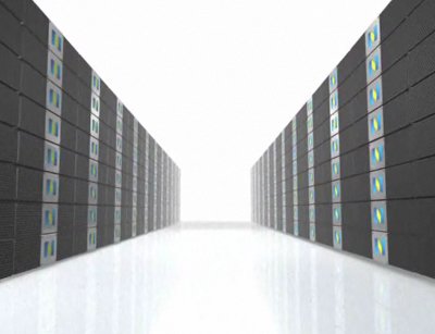 Computer-graphics representation of a data center aisle filled with Nutanix clusters