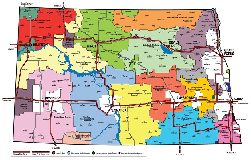 A map of telecommunications operators in North Dakota that own DCN