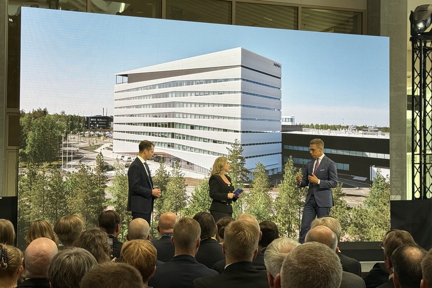 The Nokia Oulu campus opening ceremony | From left: Nokia CEO Justin Hotard, Nokia's Futurist in Residence Cathy Hackl, and Finland President Alexander Stubb