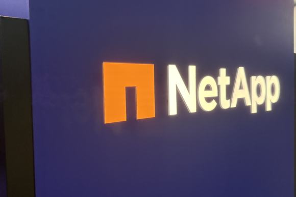NetApp logo, colorized orange, on display at GTC 2026
