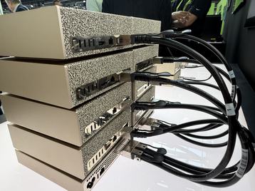 A view from behind 8 interconnected DGX Sparks