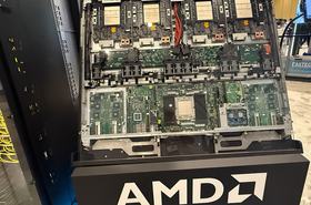 AMD Helios compute sled complete with 4x Instinct MI455Xs, and a Venice CPU flanked by a DPU and NICs