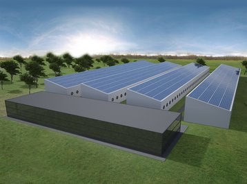 A rather simplistic rendering of the projected Golden Fleece facility, with adjacent solar panels