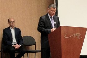 Tom Rosamilia, SVP of IBM STG (standing), Adalio Sanchez, GM IBM SystemX at the company's EDGE conference in July last year