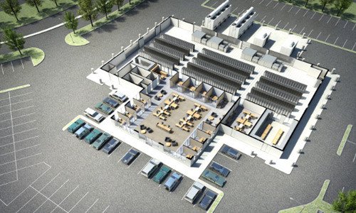 Rendering of a Sears Auto Center converted into a data center by Ubiquity