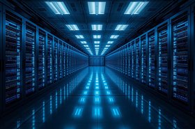 Una sala de centro de datos ultramoderna, pasillos infinitos de racks iluminados en azul y cian, cables perfectamente organizados, luces LED
