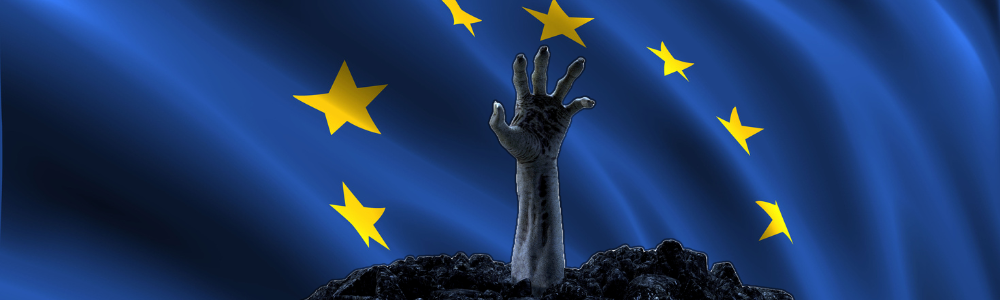 Zombie hand reaching out from the grave superimposed in front of the EU flag