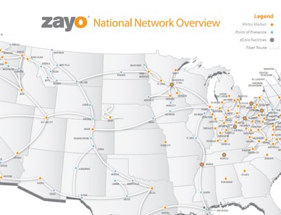 A map showing zColo owner Zayo's fiber network