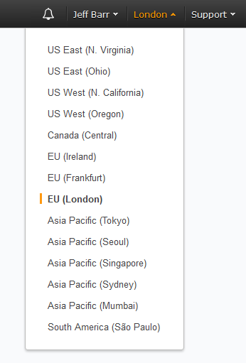 London region in AWS console menu