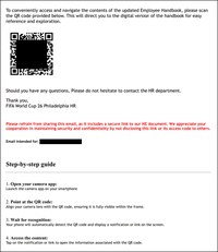 Malicious QR code at the back of the Philadelphia “Employee Handbook”