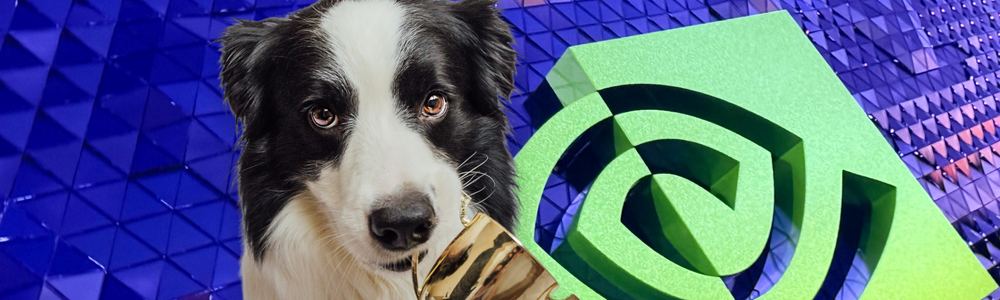 A collie carrying a trophy in its mouth laid in front of Nvidia's logo on a lit-up stage