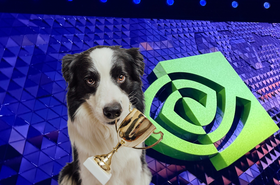 A collie carrying a trophy in its mouth laid in front of Nvidia's logo on a lit-up stage
