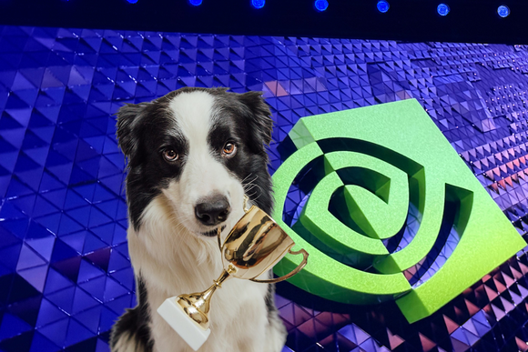 A collie carrying a trophy in its mouth laid in front of Nvidia's logo on a lit-up stage