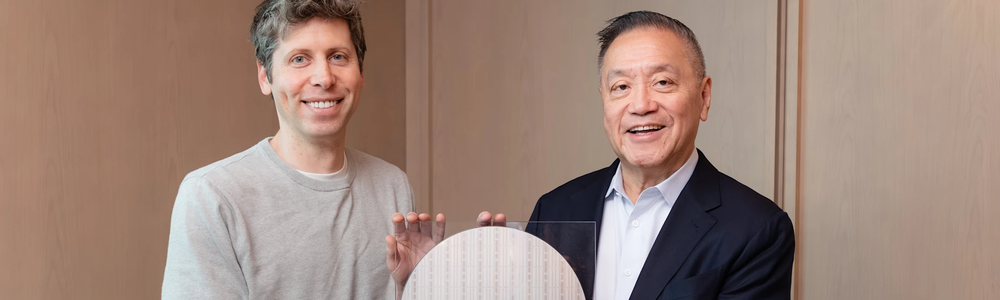 OpenAI CEO Sam Altman (left) and Broadcom President and CEO Hock Tan (right) holding the Jalapeño Intelligence Processor