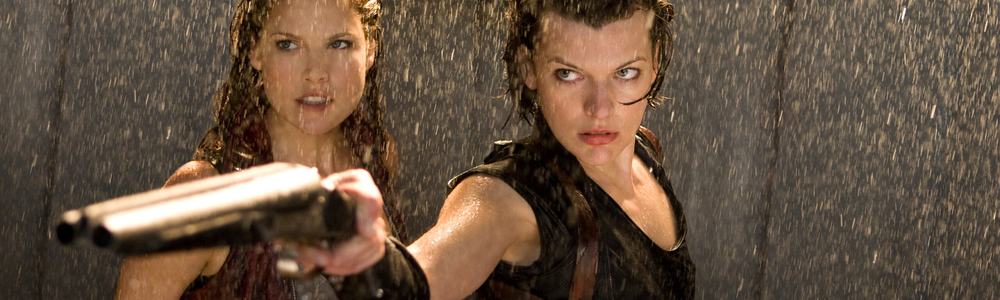 Milla Jovovich (right) and Ali Larter in the 2010 action-horror film Resident Evil: Afterlife